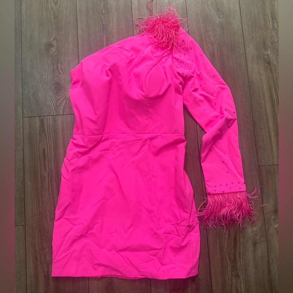 Hot Pink One Shoulder Feather Cuff Rhinestone Sleeve Mini Dress Size 6